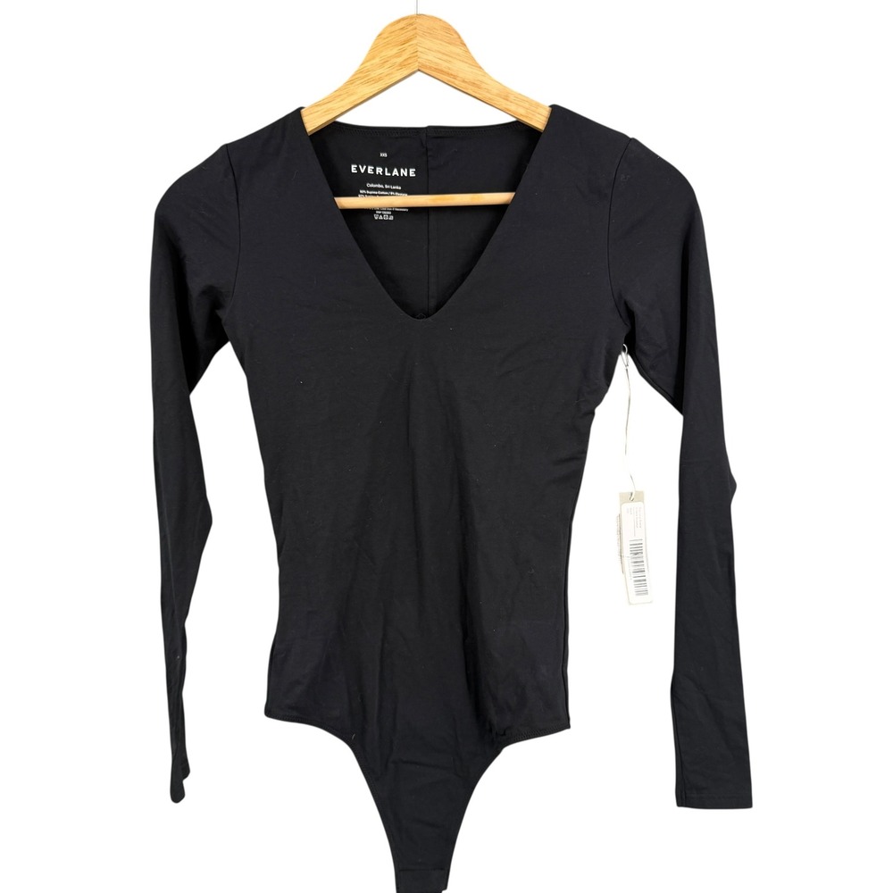 Everlane Long-Sleeve V-Neck Bodysuit Size XXS‎ Black Supima Cotton New